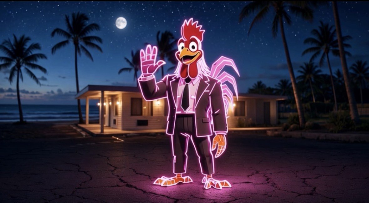 GALLUS, the neon rooster concierge mascot, standing outside a motel at night